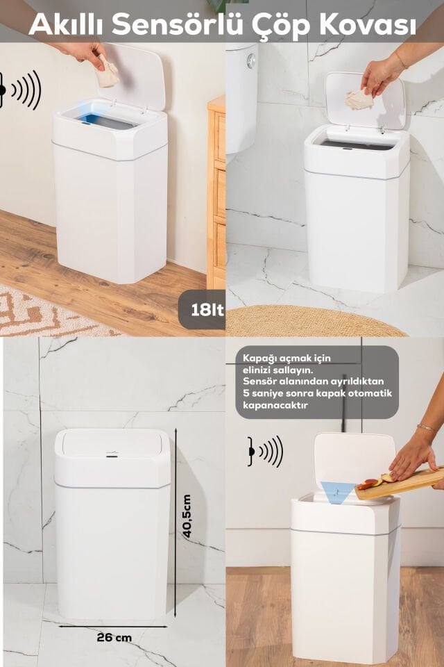 Porsima Me02 Hareket Sensörlü Sessiz Kapatma Çöp Kutusu Banyo Mutfak Çöp Kovası Kapaklı Banyo Çöp Kovası 18Lt