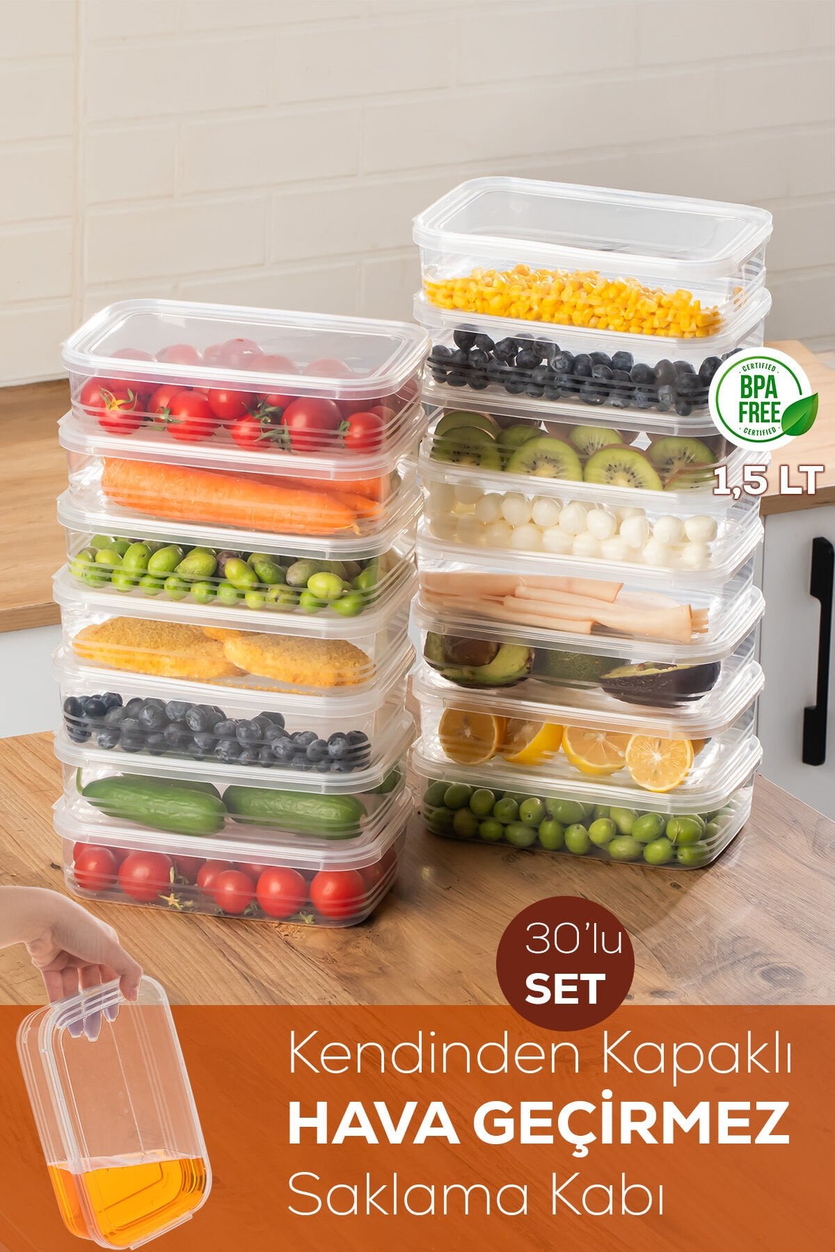 Porsima 4363-30 Kendinden Kapaklı Derin Dondurucuya Uygun 30 Adet Saklama Kabı Hava Almaz Düzenleyici 1,5lt