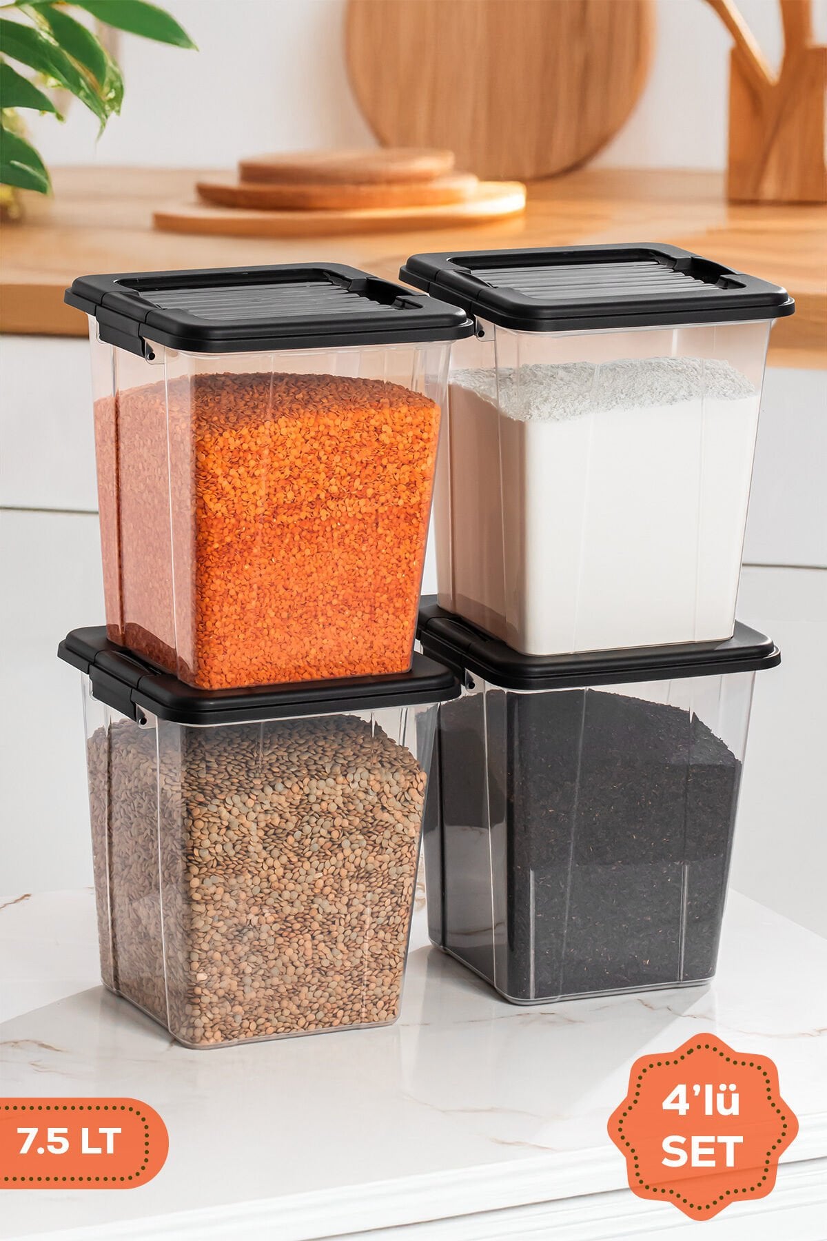 Porsima 4370 4lü Mega Boy Hava Geçirmez Deterjan Saklama Kabı Erzak Saklama Kabı Seti Gri 7,5lt