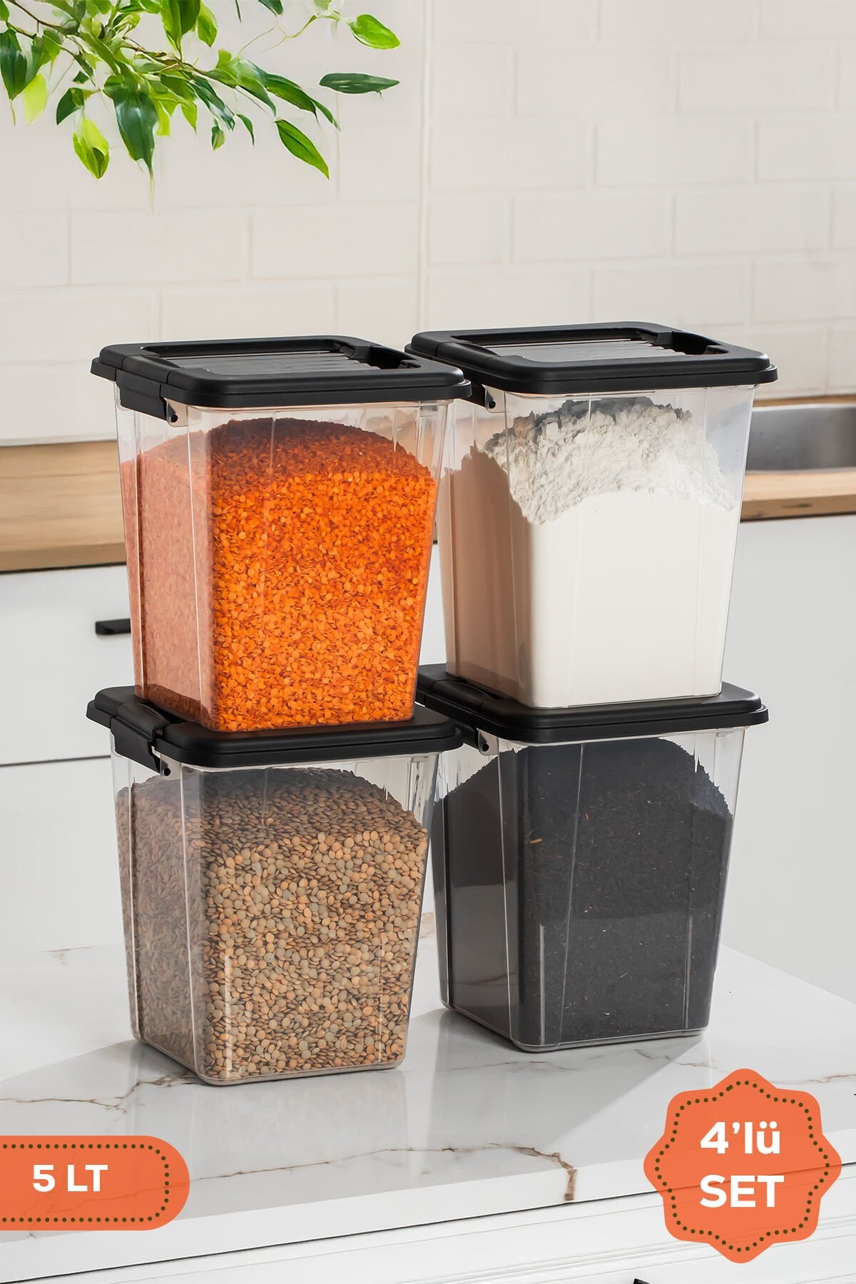 Porsima 4371 4lü Mega Boy Hava Geçirmez Deterjan Saklama Kabı Erzak Saklama Kabı Seti Gri 5lt