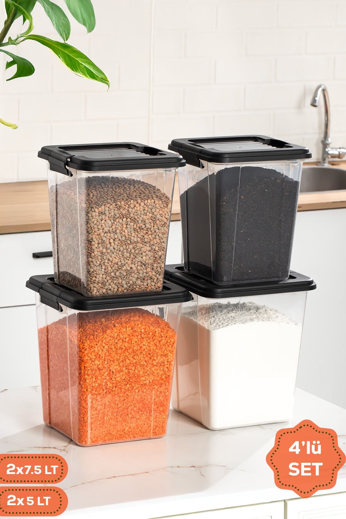 Porsima 4372 4lü Mega Boy Hava Geçirmez Deterjan Saklama Kabı Erzak Saklama Kabı Seti Gri 7,5+5lt