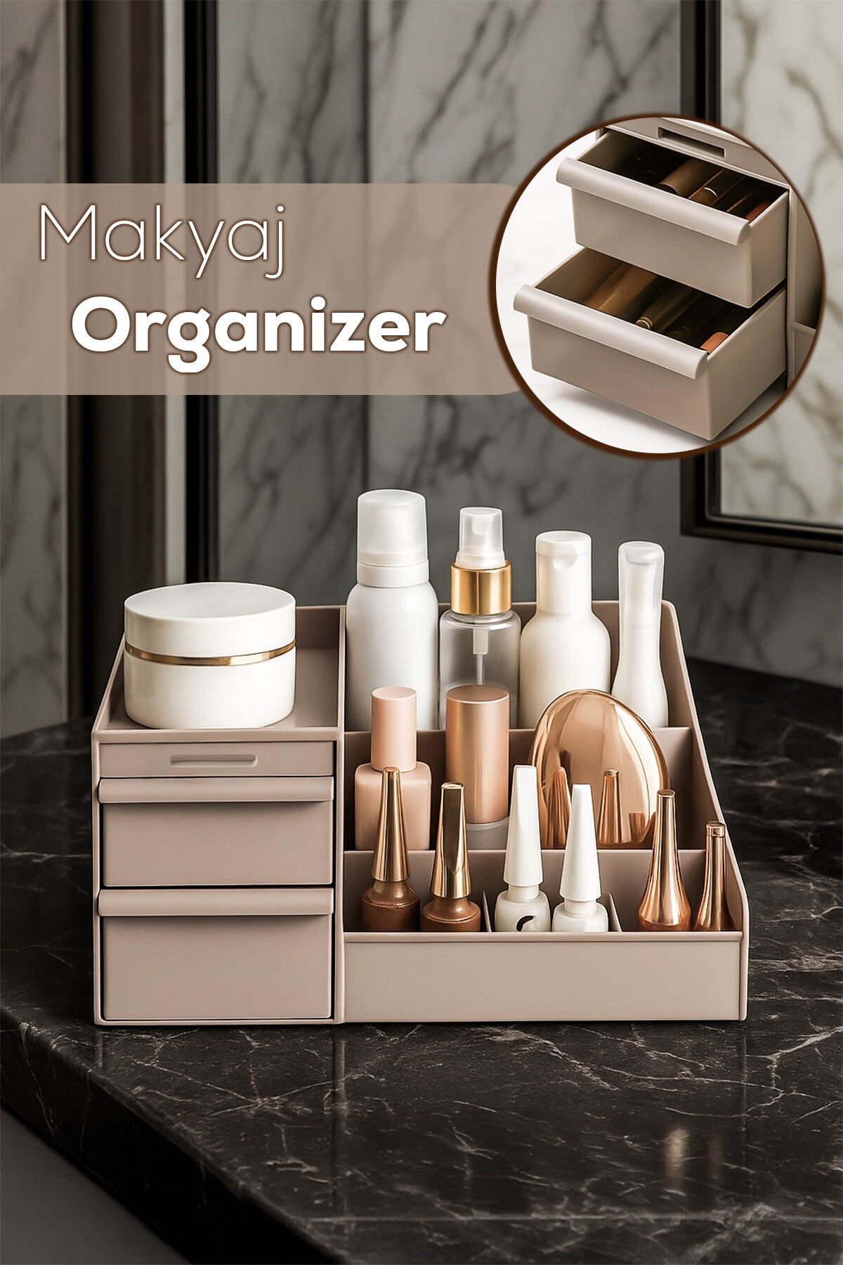 Porsima 5305 Çok Amaçlı Organizer 2 Çekmeceli Kozmetik Parfüm Krem Takı Makyaj Düzenleyici Kapicino