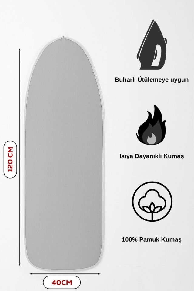 Porsima Isıya Dayanıklı 100% Pamuk Süngerli Ütü Masası Kılıfı - Buharlı Ütüleme Uyumlu 120x40cm