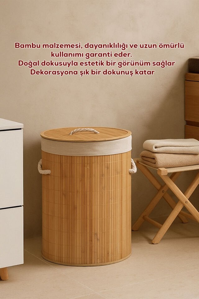 Porsima 71010 Kapaklı Kirli Çamaşır Sepeti Yuvarlak - Bambu Kirli Çamaşır Sepeti