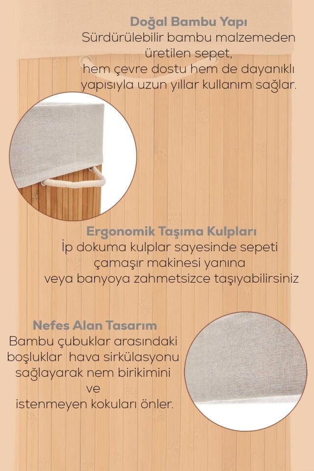 Porsima 71010 Kapaklı Kirli Çamaşır Sepeti Yuvarlak - Bambu Kirli Çamaşır Sepeti