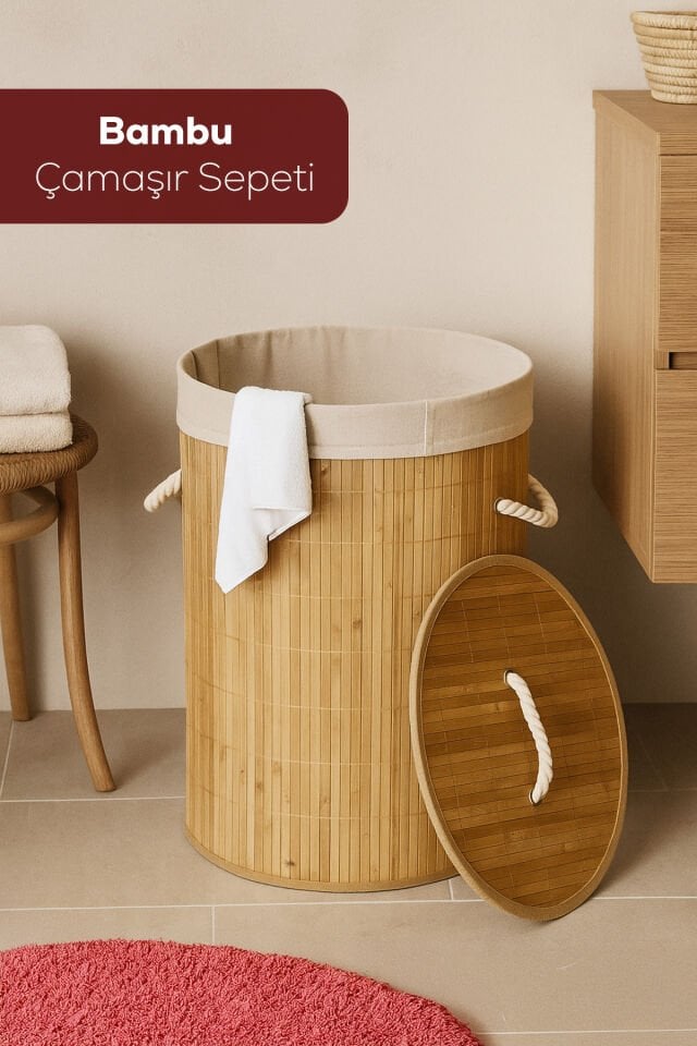 Porsima 71010 Kapaklı Kirli Çamaşır Sepeti Yuvarlak - Bambu Kirli Çamaşır Sepeti