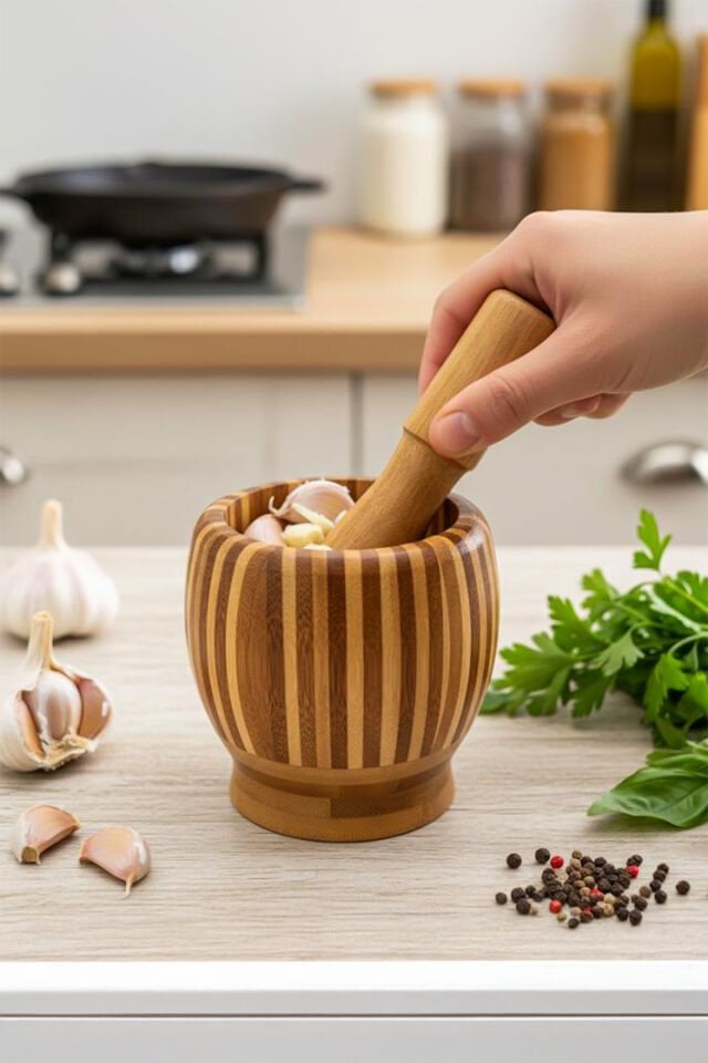 Porsima Pbt-409 Doğal Bambu Havan - Sarımsak Döveceği Ahşap Sarımsak Ezici Havan Döveç