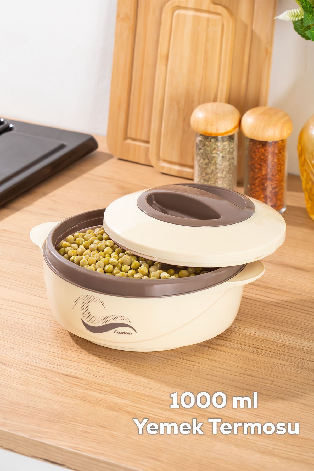 Porsima 3149 1000 ml Yemek Termosu - Sızdırmaz Kilitlenebilir Kapak Paslanmaz Çelik Sefer Tası-BEJ