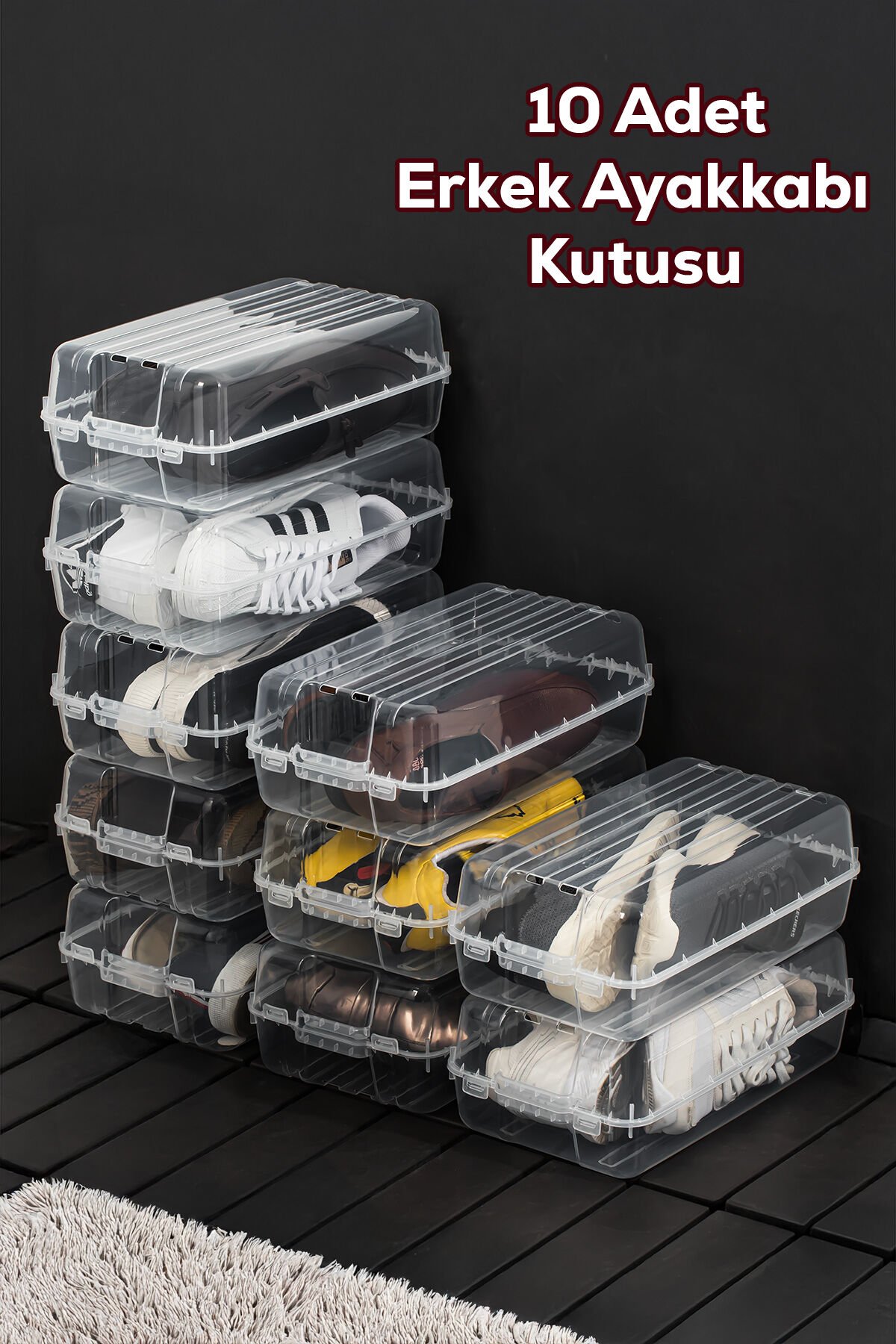 Porsima 3207 10 Adet Erkek Ayakkabı Saklama Kutusu - Şeffaf Pratik Ayakkabı Kabı Düzenleyici Saklama Seti