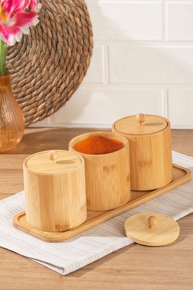 Porsima Pbt-604 Bambu Çok Amaçlı Standlı Saklama Kabı Organizer 4 Parça Baharat Seti