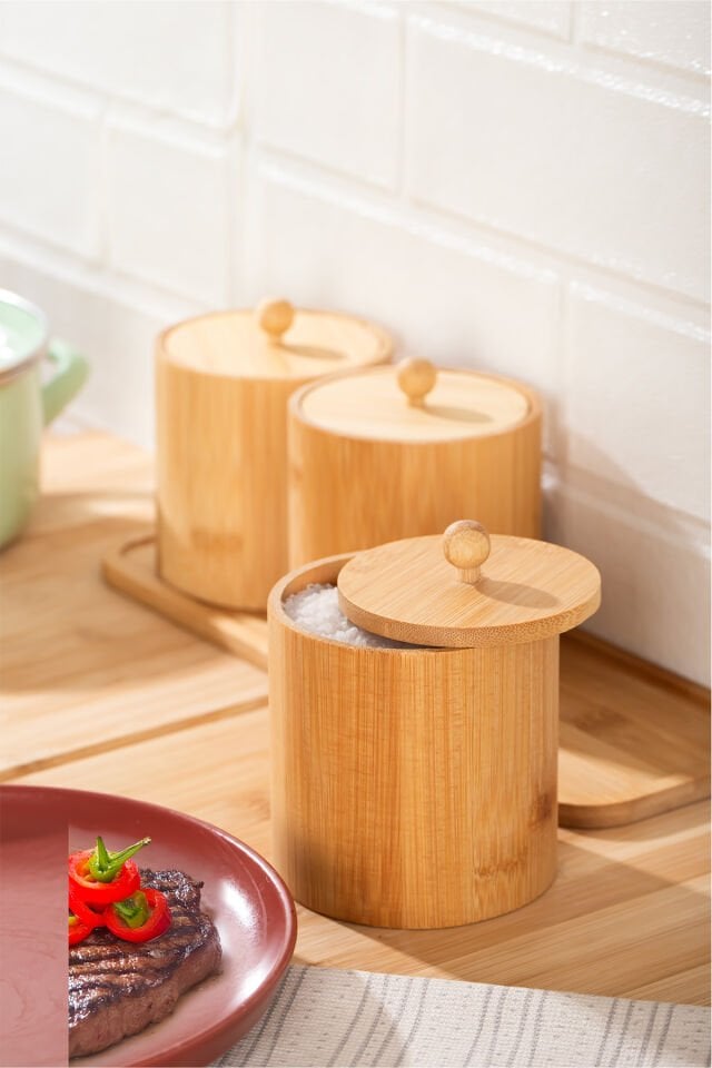 Porsima Pbt-604 Bambu Çok Amaçlı Standlı Saklama Kabı Organizer 4 Parça Baharat Seti