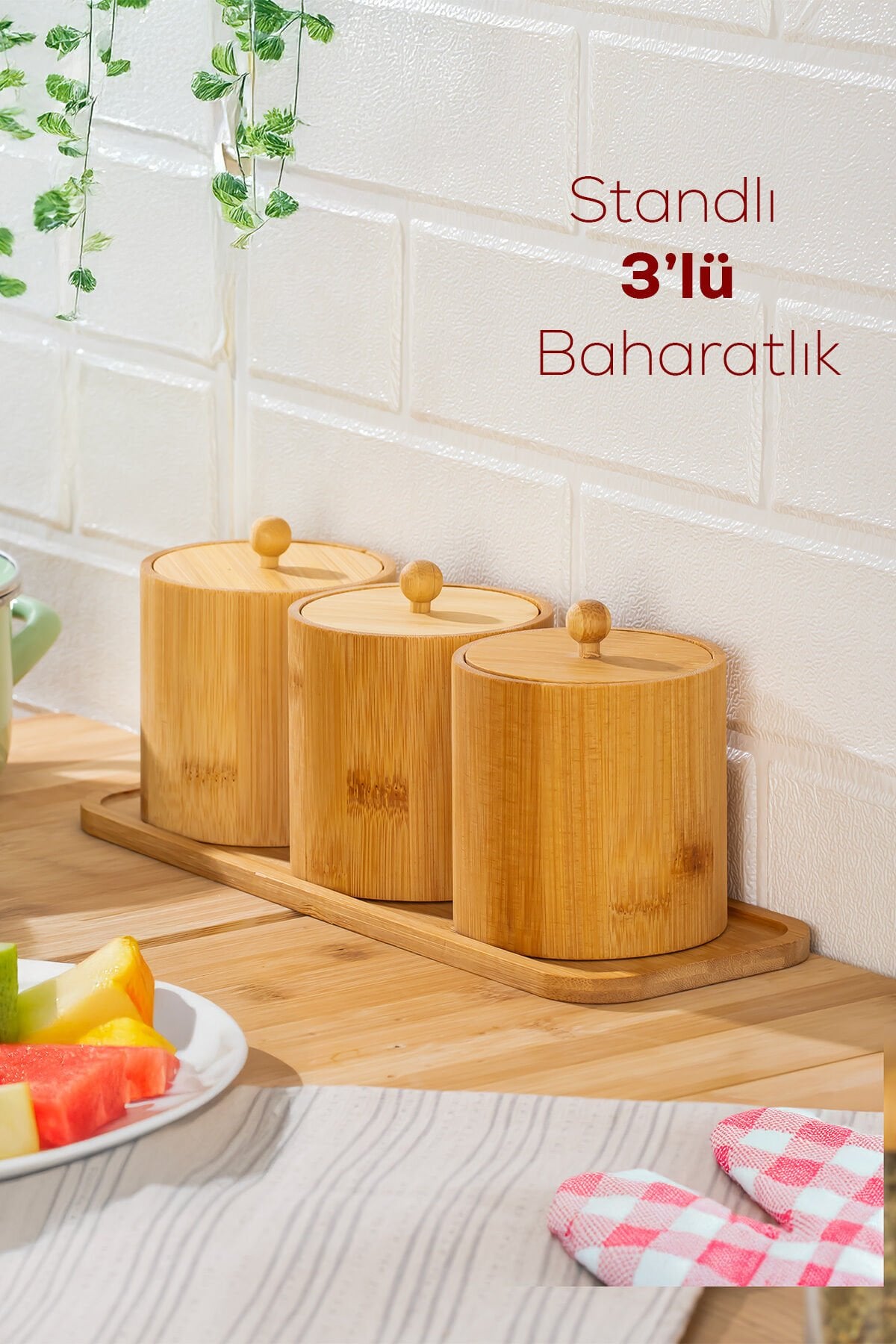 Porsima Pbt-604 Bambu Çok Amaçlı Standlı Saklama Kabı Organizer 4 Parça Baharat Seti