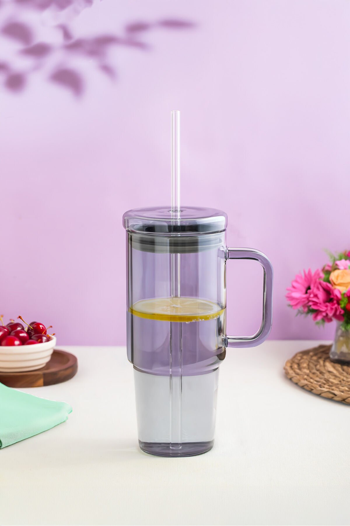 Porsima 3483 Vakumlu Kapaklı Pipetli ve Kulplu Bardak 900ml Cam Termos Mug