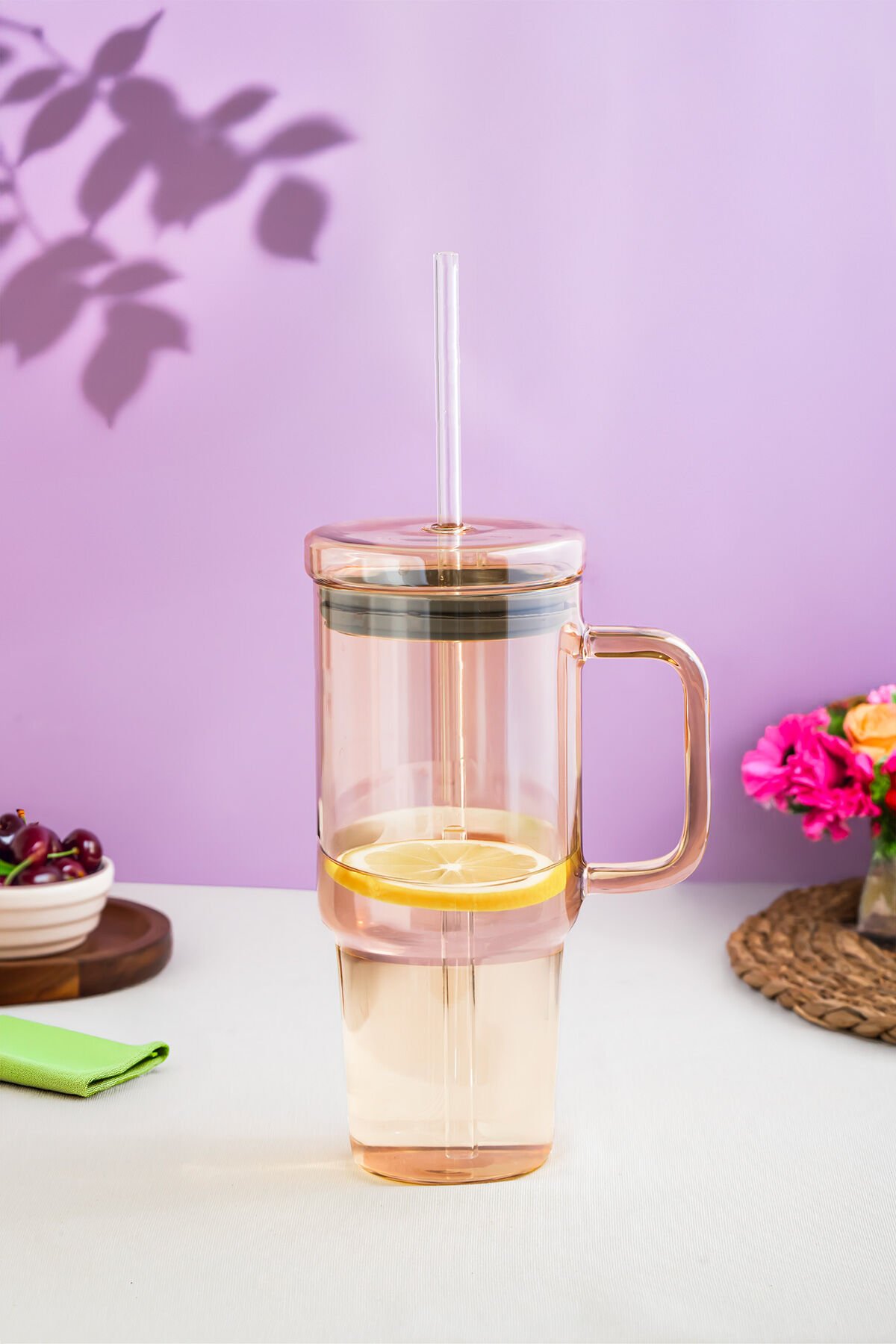 Porsima 3483-1 Vakumlu Kapaklı Pipetli ve Kulplu Bardak 900ml Cam Termos Mug
