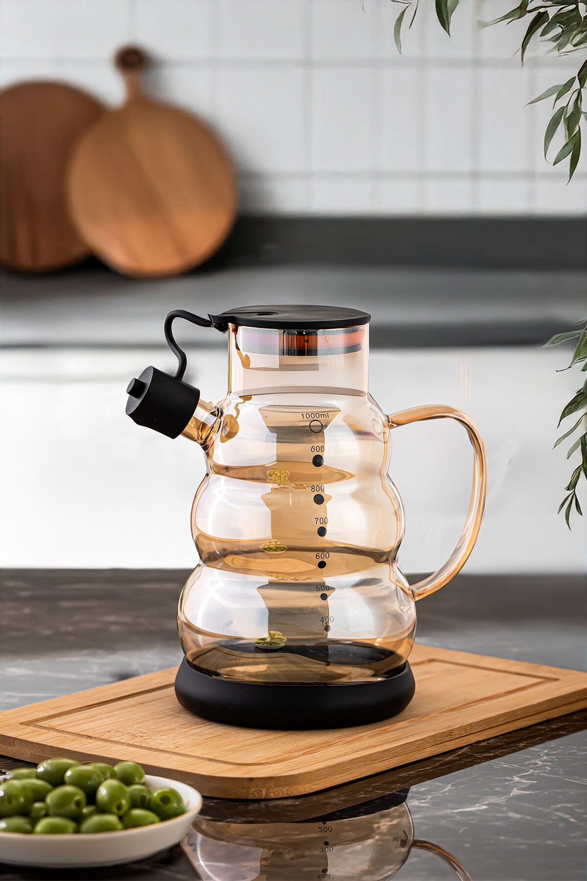 Porsima 3617-1 Kapaklı Borosilikat Cam Yağlık Sirkelik Yağdanlık 1000ml Siyah