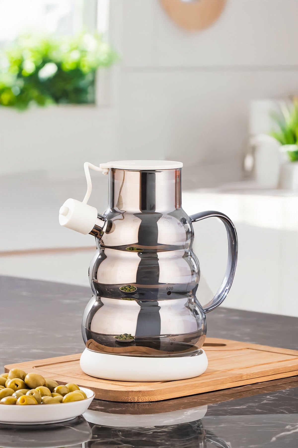 Porsima 3617-2 Kapaklı Borosilikat Cam Yağlık Sirkelik Yağdanlık 1000ml Beyaz