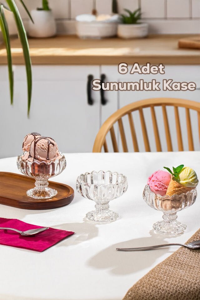 Porsima Mimoza Cam Kase Puding Tatlı Ve Dondurma Kasesi 6'lı Kase Çerez Seti