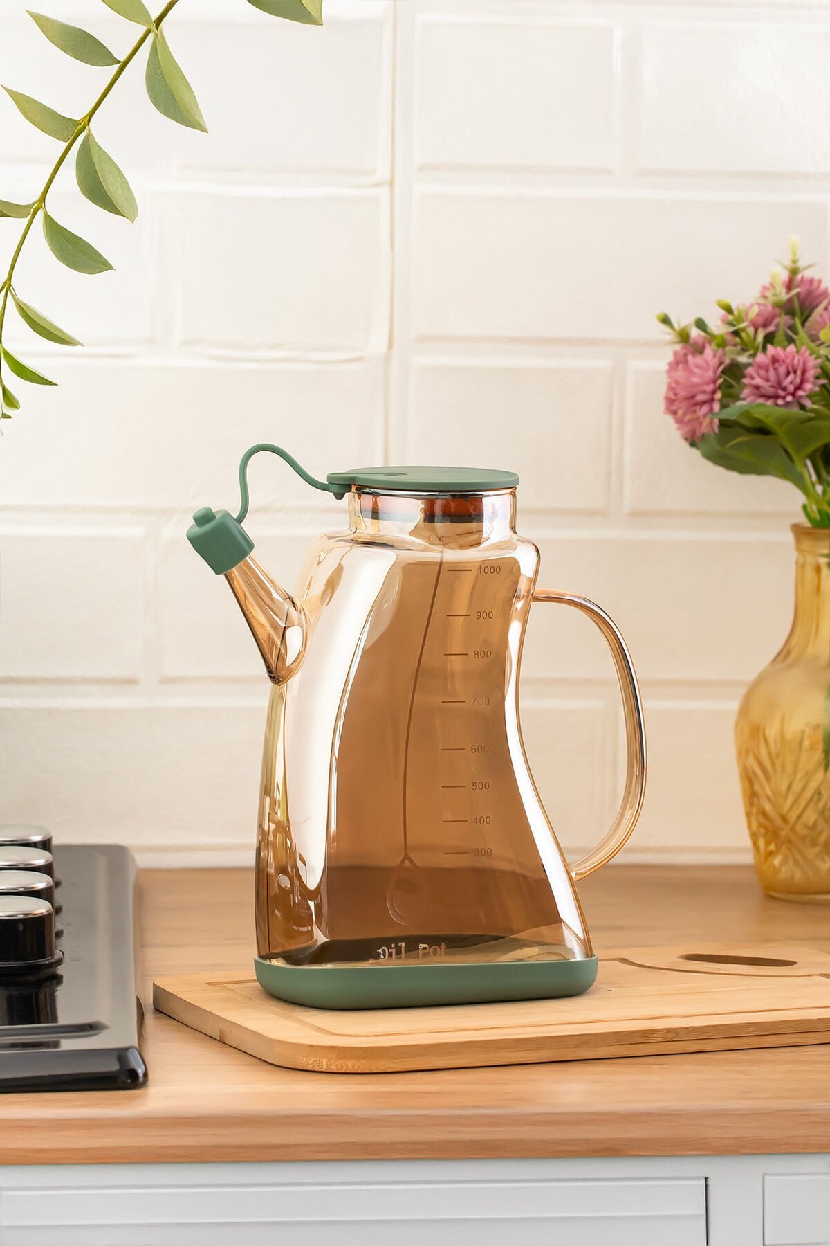 Porsima 3855 Şeffaf Borosilikat Cam Zeytinyağ Şişesi - Yağlık ve Sirkelik Yeşil 1 lt