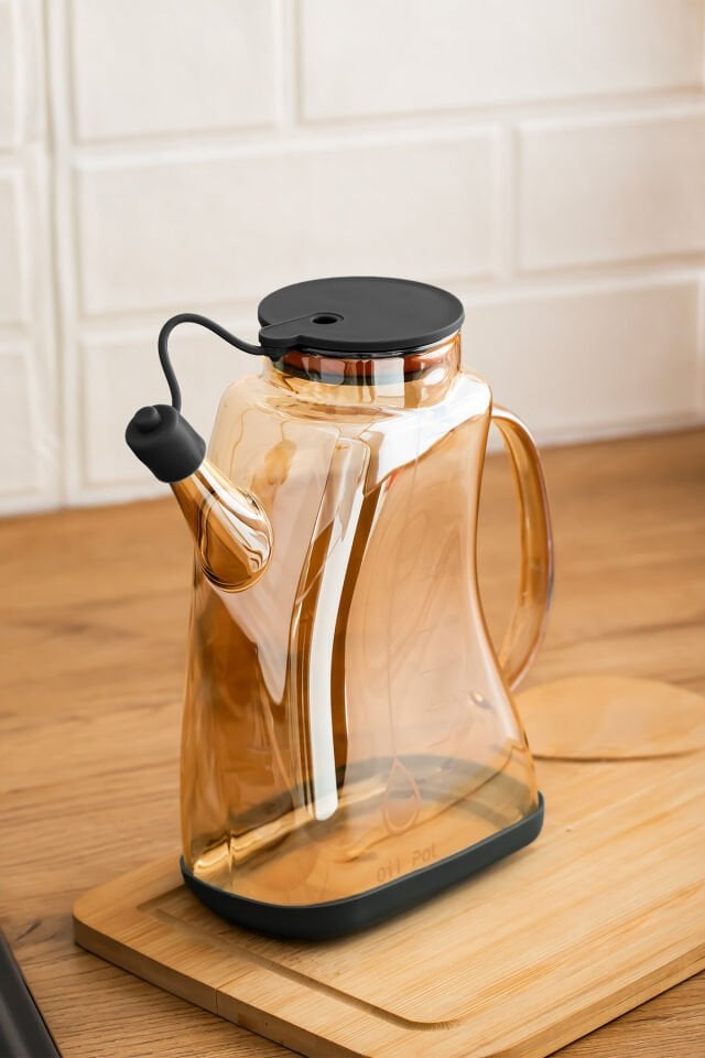 Porsima 3855-1 Şeffaf Borosilikat Cam Zeytinyağ Şişesi - Yağlık ve Sirkelik Siyah 1 lt