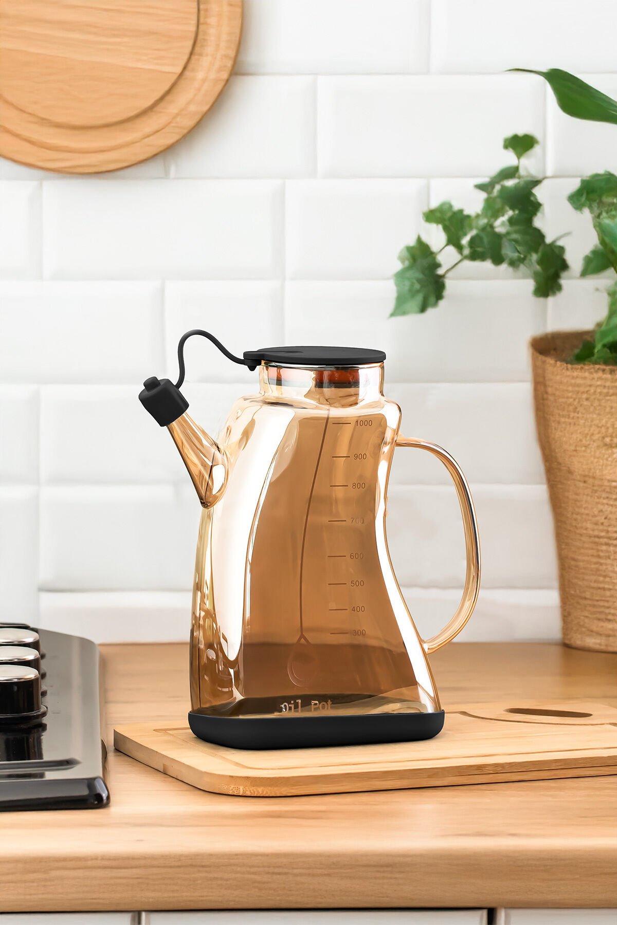 Porsima 3855-1 Şeffaf Borosilikat Cam Zeytinyağ Şişesi - Yağlık ve Sirkelik Siyah 1 lt