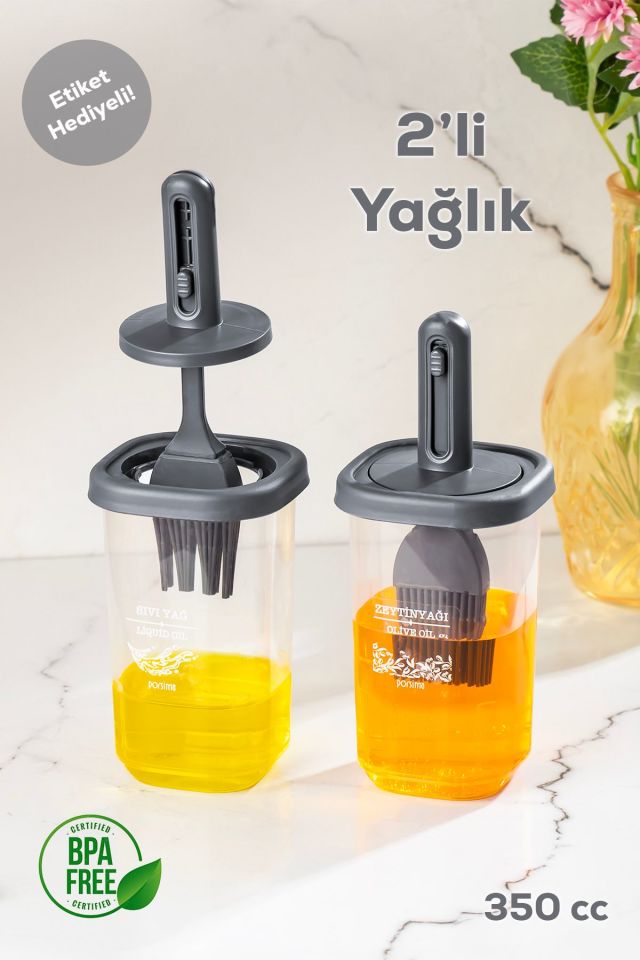 Porsima 0520 2'li Etiketli Silikon Fırçalı Yağlık Sirkelik - Yağdanlık-sosluk Erzak Saklama Kabı 350 Cc-ANTRASİT
