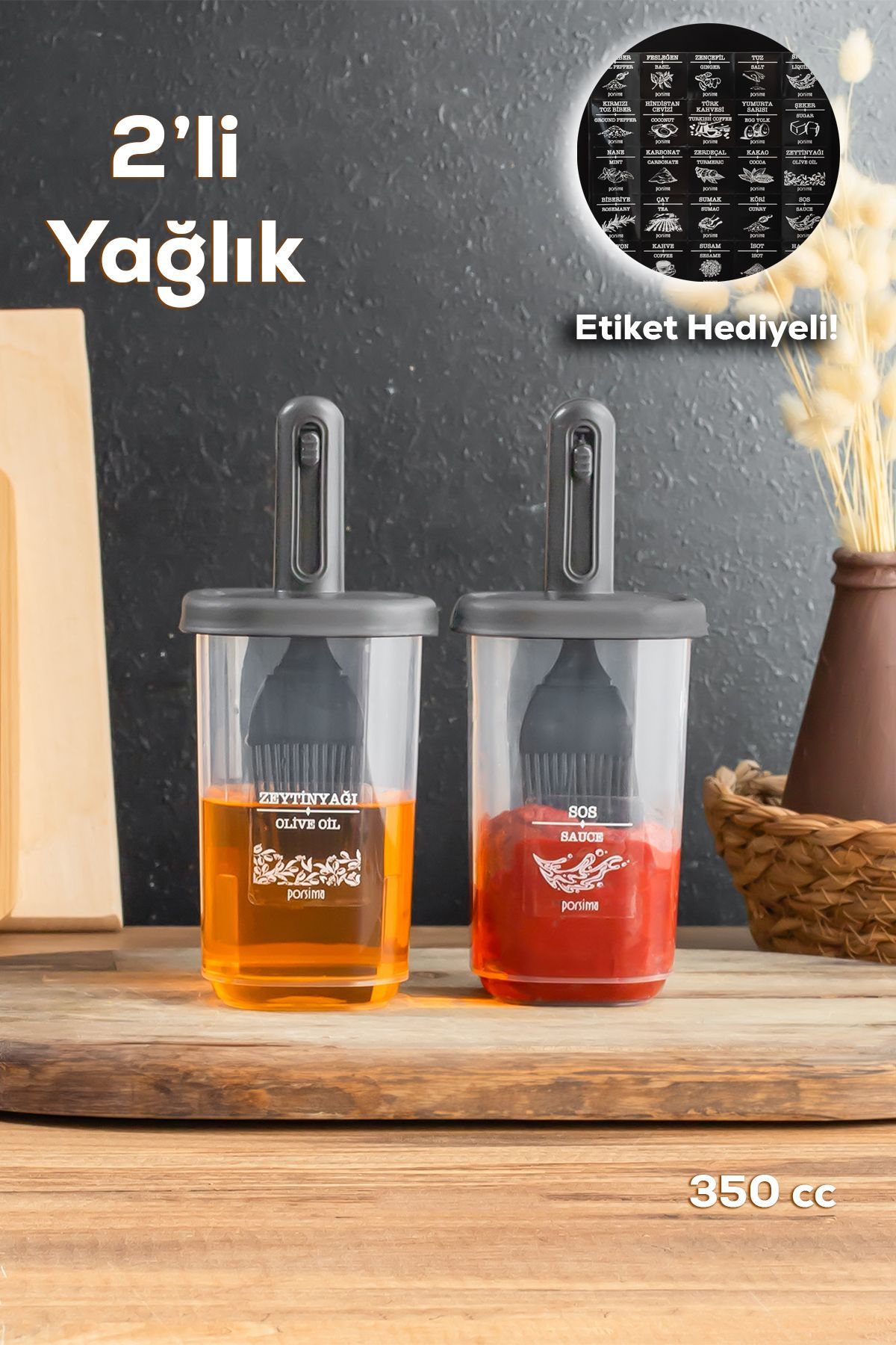 Porsima 0520 2'li Etiketli Silikon Fırçalı Yağlık Sirkelik - Yağdanlık-sosluk Erzak Saklama Kabı 350 Cc-ANTRASİT