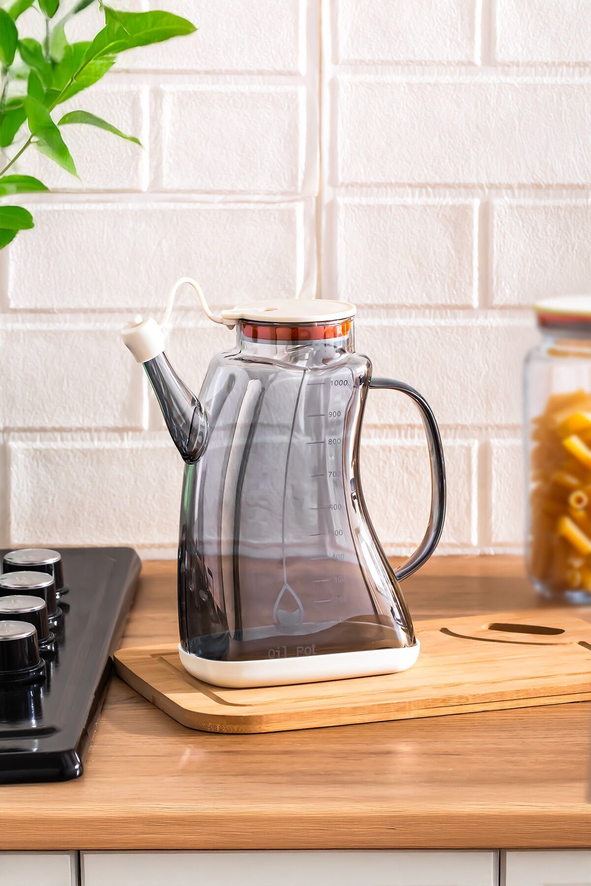 Porsima 3855-2 Şeffaf Borosilikat Cam Zeytinyağ Şişesi - Yağlık ve Sirkelik Beyaz 1 lt