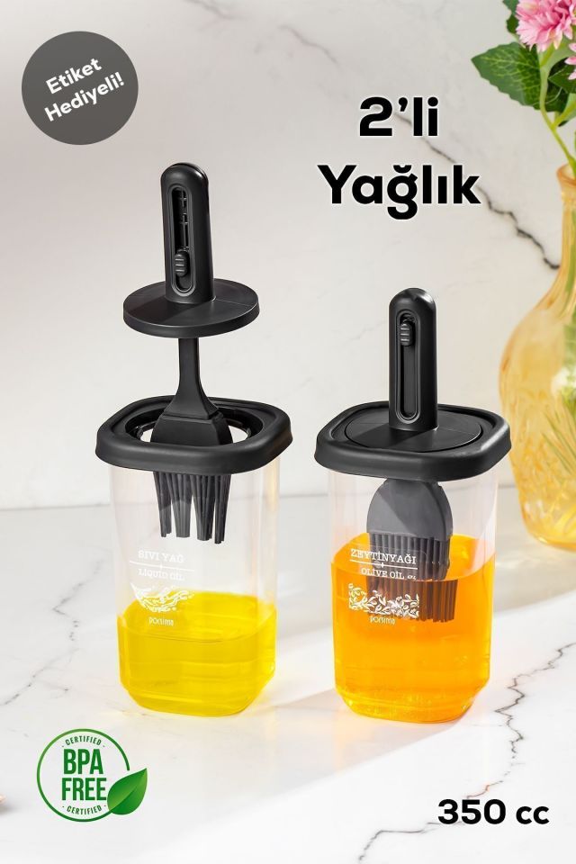 Porsima 0520 2'li Etiketli Silikon Fırçalı Yağlık - Sosluk-yağdanlık Erzak Saklama Kabı 350 Cc-SİYAH