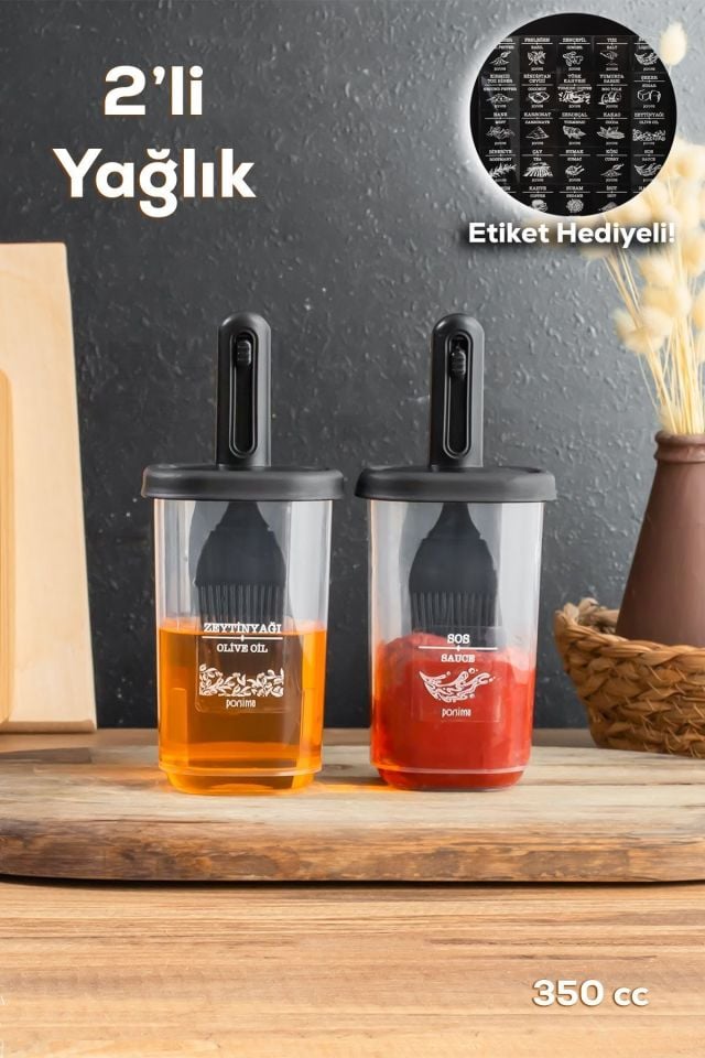 Porsima 0520 2'li Etiketli Silikon Fırçalı Yağlık - Sosluk-yağdanlık Erzak Saklama Kabı 350 Cc-SİYAH