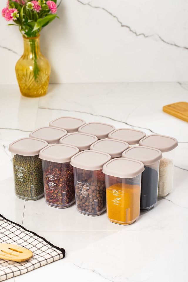 Porsima 1107 12'li Sızdırmaz Düz Kapaklı Etiketli Baharatlık Seti - Yiyecek Erzak Saklama Kabı-CAPPUCCİNO