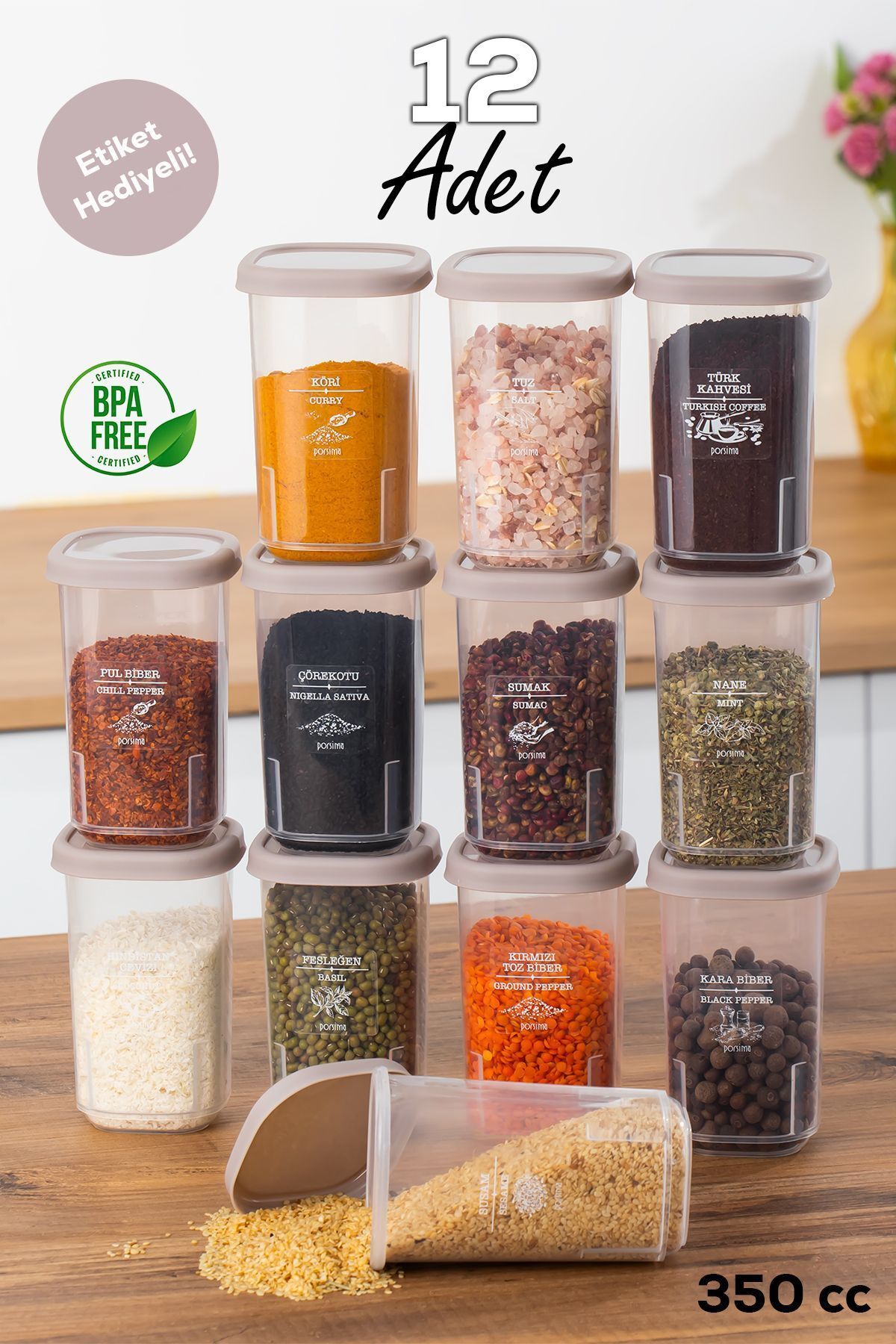 Porsima 1107 12'li Sızdırmaz Düz Kapaklı Etiketli Baharatlık Seti - Yiyecek Erzak Saklama Kabı-CAPPUCCİNO