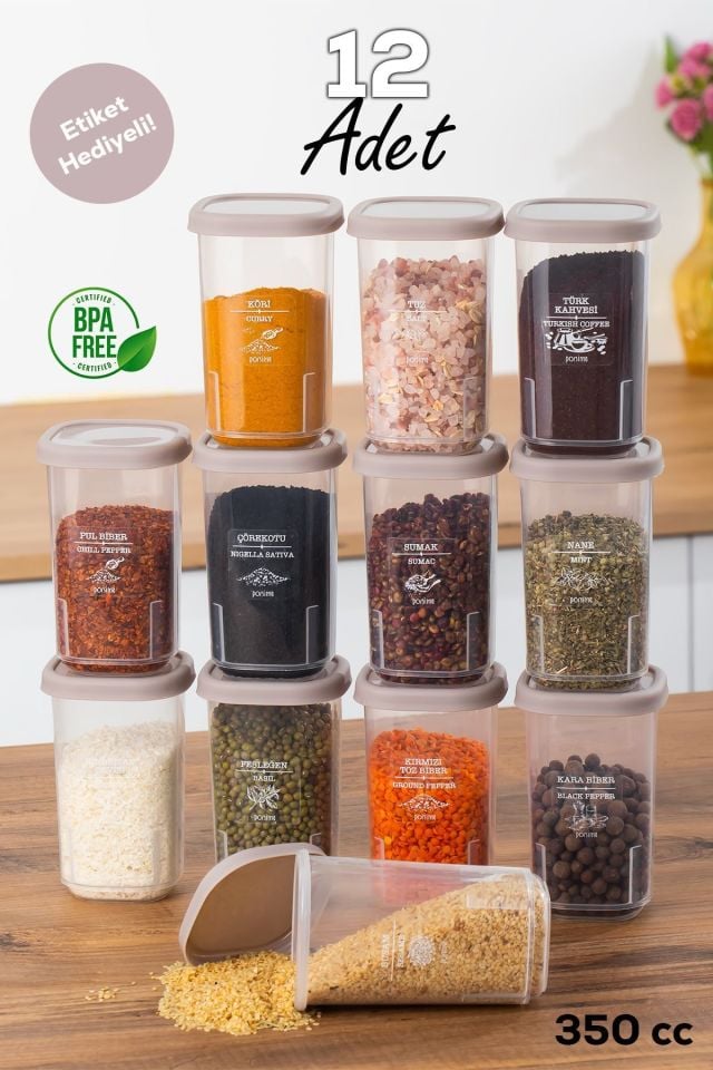 Porsima 1107 12'li Sızdırmaz Düz Kapaklı Etiketli Baharatlık Seti - Yiyecek Erzak Saklama Kabı-CAPPUCCİNO