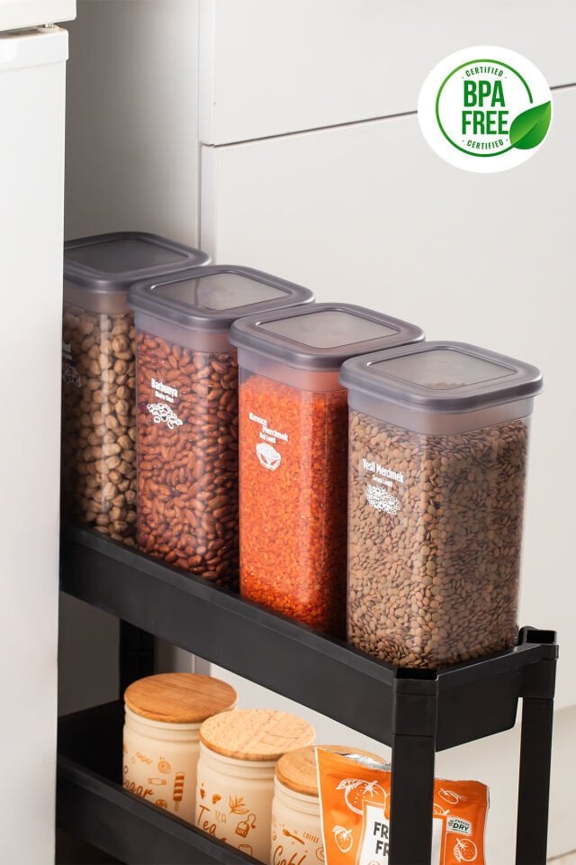 Porsima 5313 6lı Etiketli Kare Un Erzak Bakliyat Saklama Kabı Takımı Seti 1.70 Lt - Gri