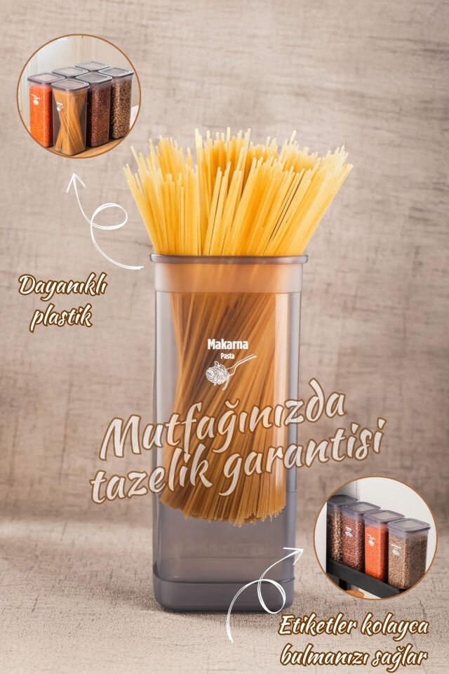Porsima 5313 6lı Etiketli Kare Un Erzak Bakliyat Saklama Kabı Takımı Seti 1.70 Lt - Gri