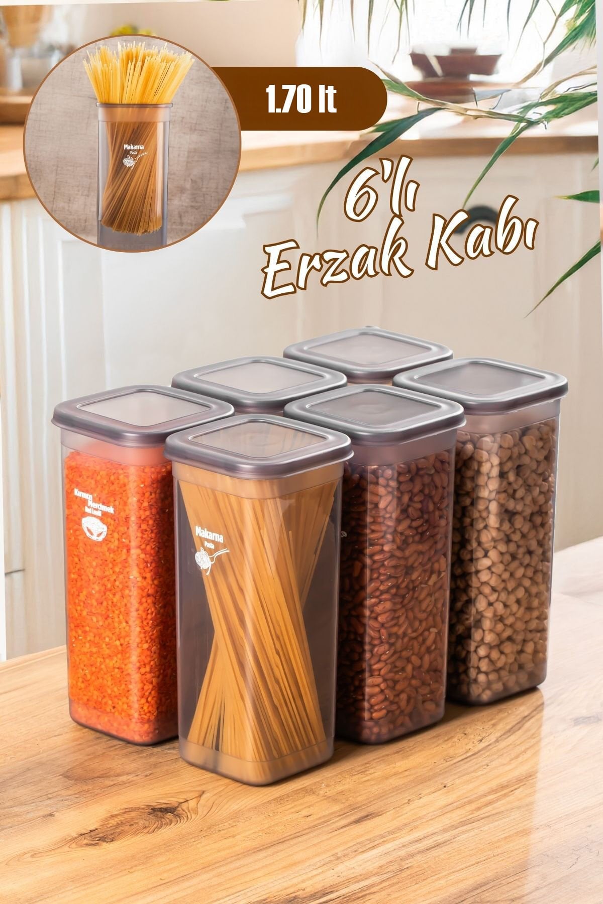 Porsima 5313 6lı Etiketli Kare Un Erzak Bakliyat Saklama Kabı Takımı Seti 1.70 Lt - Gri