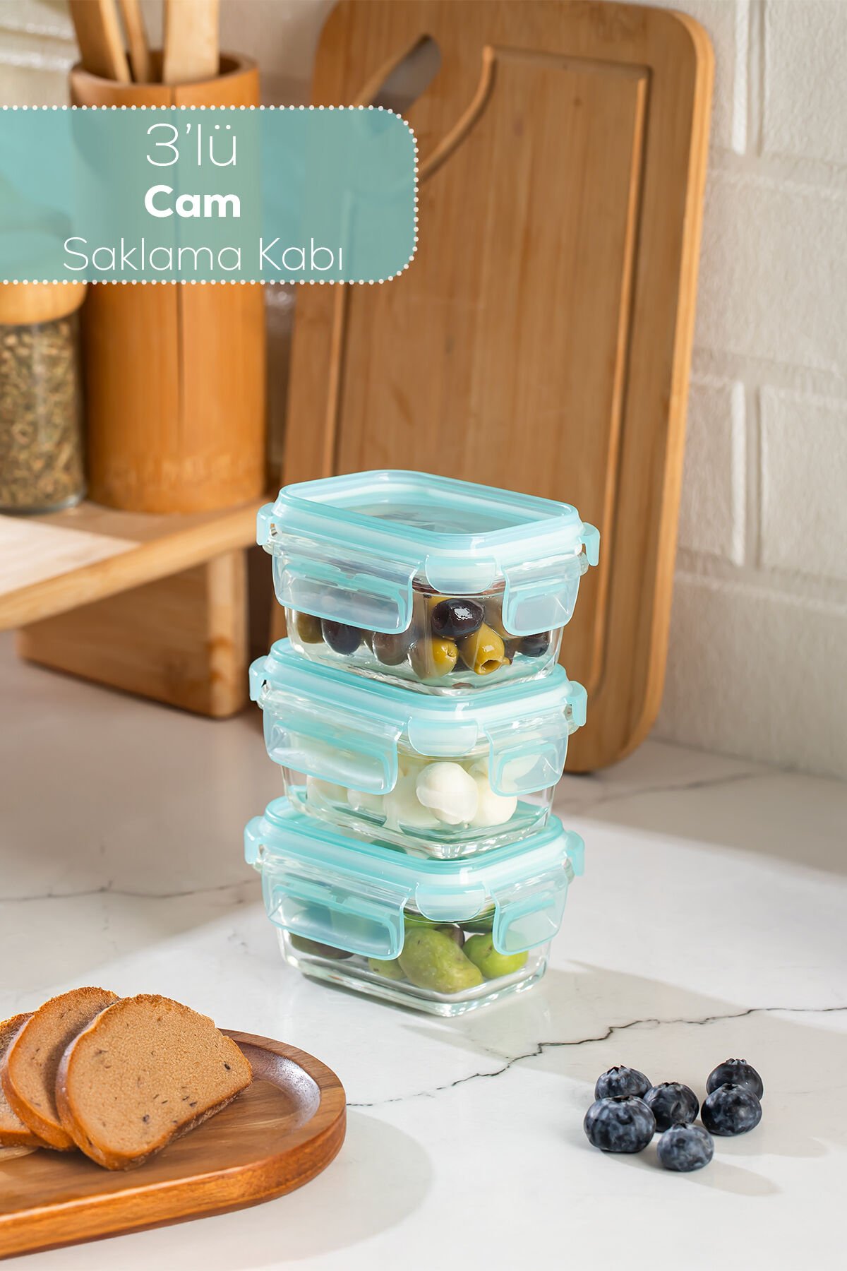 Porsima 4373 3lü Kilitli Sızdırmaz Kapaklı Yiyecek Erzak Saklama Kabı Seti - Cam Saklama Kabı - 150ml Yeşil