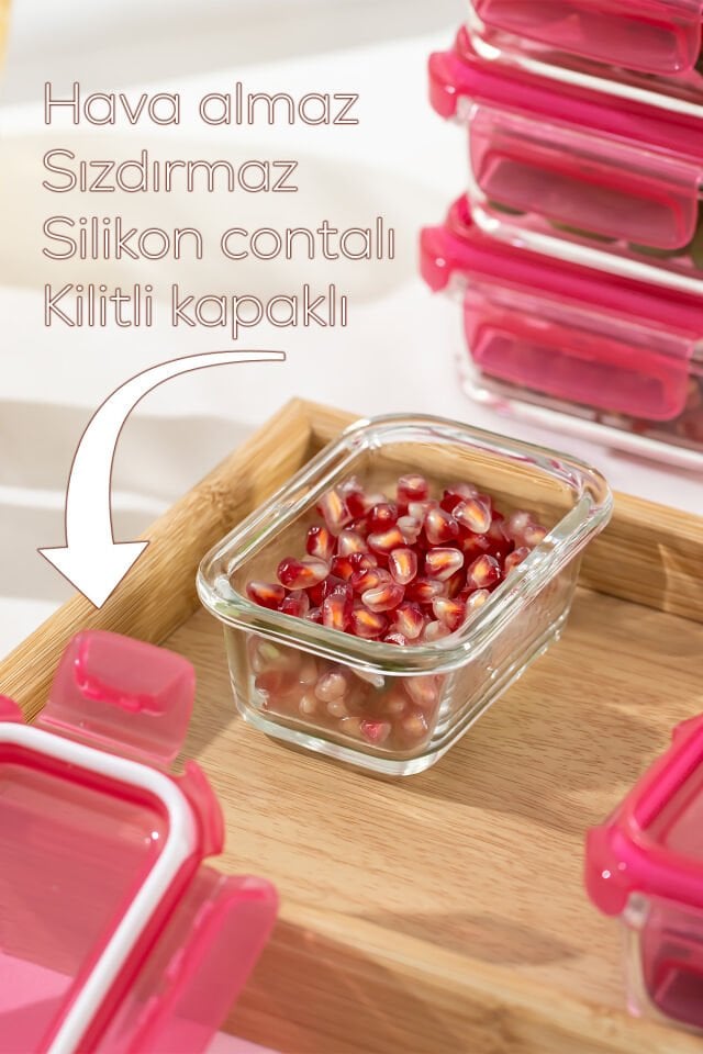 Porsima 4374 3lü Kilitli Sızdırmaz Kapaklı Yiyecek Erzak Saklama Kabı Seti - Cam Saklama Kabı - 150ml Pembe