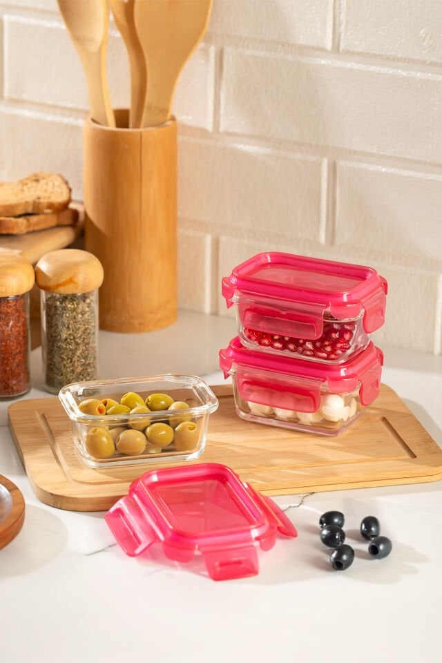 Porsima 4374 3lü Kilitli Sızdırmaz Kapaklı Yiyecek Erzak Saklama Kabı Seti - Cam Saklama Kabı - 150ml Pembe