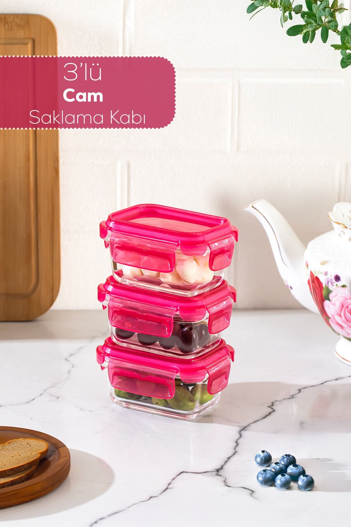 Porsima 4374 3lü Kilitli Sızdırmaz Kapaklı Yiyecek Erzak Saklama Kabı Seti - Cam Saklama Kabı - 150ml Pembe