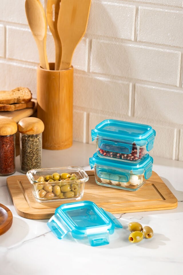 Porsima 4376 3lü Kilitli Sızdırmaz Kapaklı Yiyecek Erzak Saklama Kabı Seti - Cam Saklama Kabı - 150ml Mavi