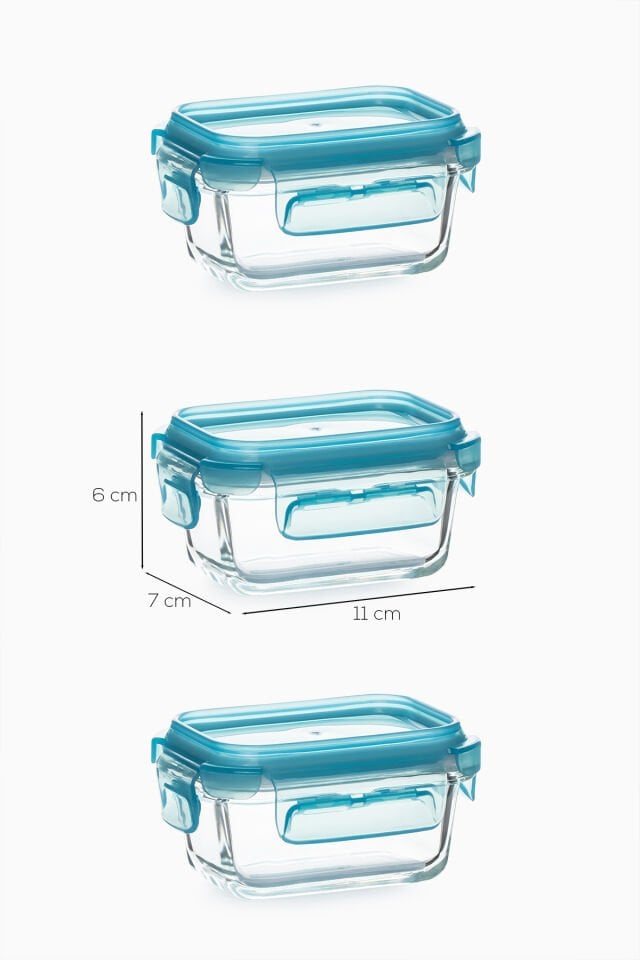 Porsima 4376 3lü Kilitli Sızdırmaz Kapaklı Yiyecek Erzak Saklama Kabı Seti - Cam Saklama Kabı - 150ml Mavi
