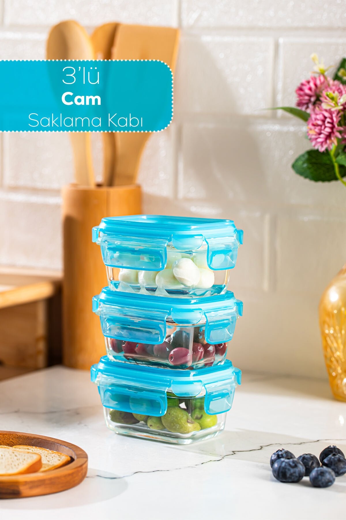 Porsima 4376 3lü Kilitli Sızdırmaz Kapaklı Yiyecek Erzak Saklama Kabı Seti - Cam Saklama Kabı - 150ml Mavi
