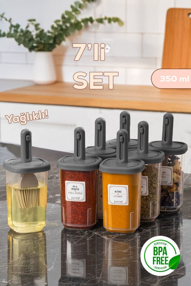 Porsima 4364 7li Kaydırmalı Kaşıklı Sızdırmaz Kapaklı Etiketli Baharatlık Seti - Saklama Kabı