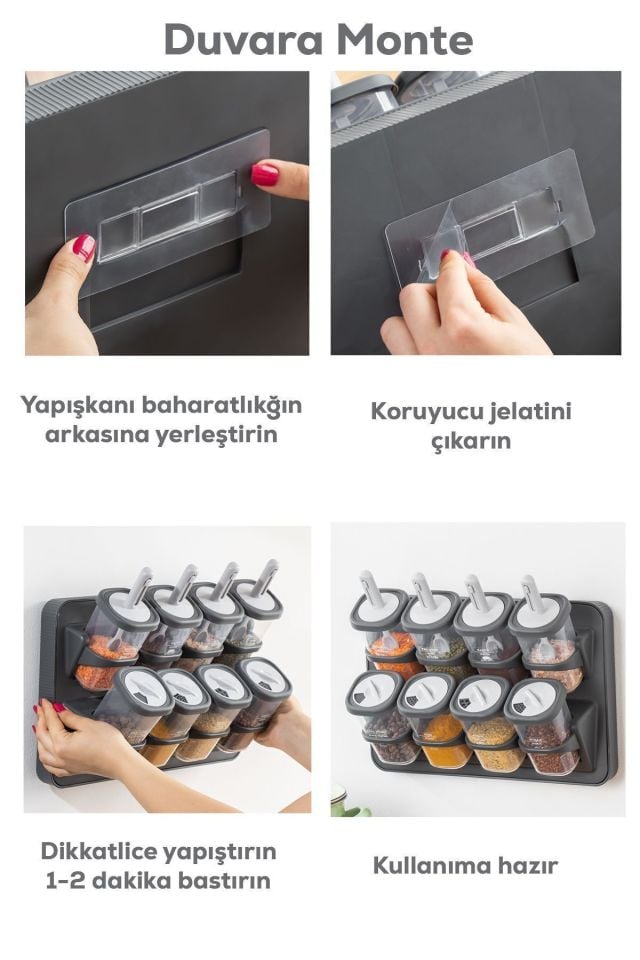 Porsima 1117 8li Etiketli Asmalı Kendinden Yapışkanlı Tezgah Üstü Standlı Döner Kapaklı Baharatlık Seti