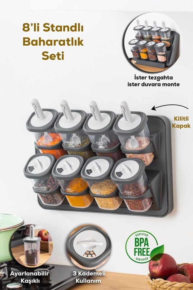 Porsima 1117 8li Etiketli Asmalı Kendinden Yapışkanlı Tezgah Üstü Standlı Döner Kapaklı Baharatlık Seti