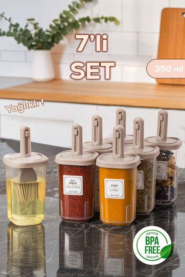 Porsima 4366 7li Kaydırmalı Kaşıklı Sızdırmaz Kapaklı Etiketli Baharatlık Seti - Saklama Kabı