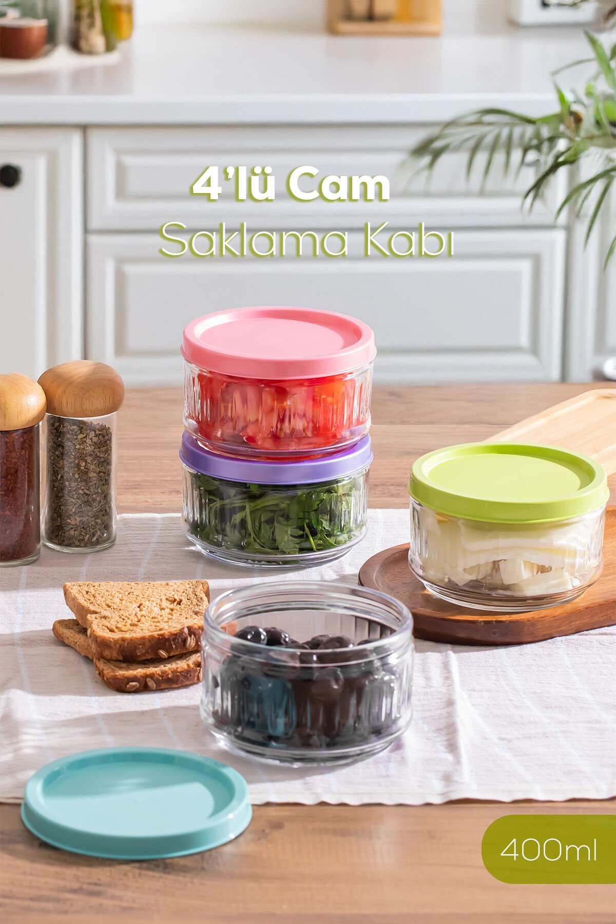 Porsima Lapis 4lü Hava Geçirmez Cam Kahvaltılık Seti Renkli Kapaklı Saklama Kabı 400ml