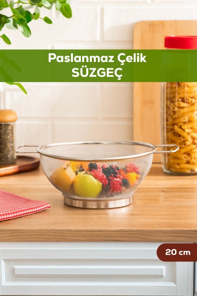 Porsima İvory Kulplu Paslanmaz Çelik Süzgeç Mutfak Eleği Meyve ve Sebze Yıkama Aparatı Kevgir 20cm