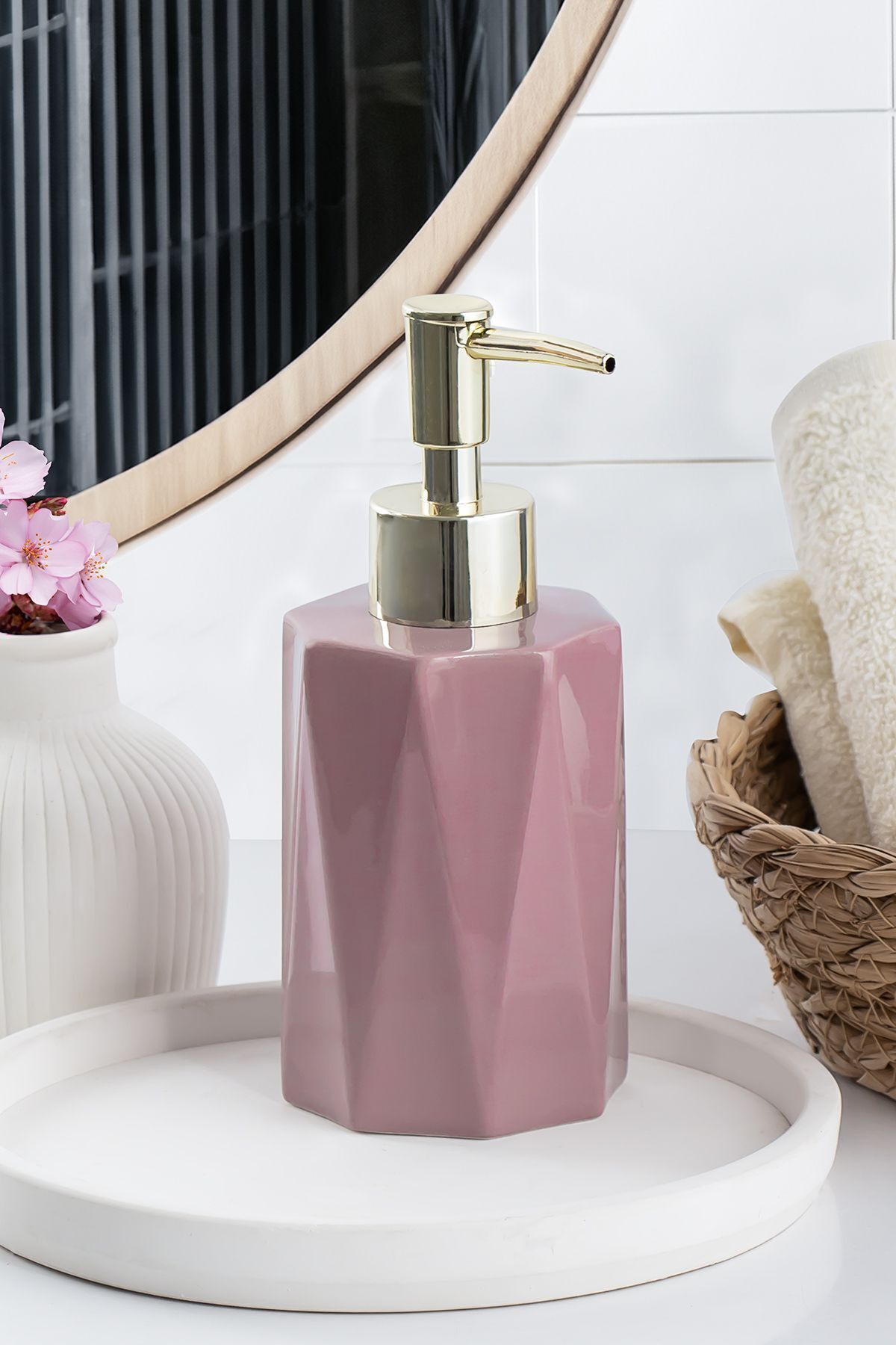 Porsima 3205 Seramik Sıvı Sabunluk - Tezgah Üstü Banyo Mutfak Lavabo Sabunluğu - 250 cc-Pudra