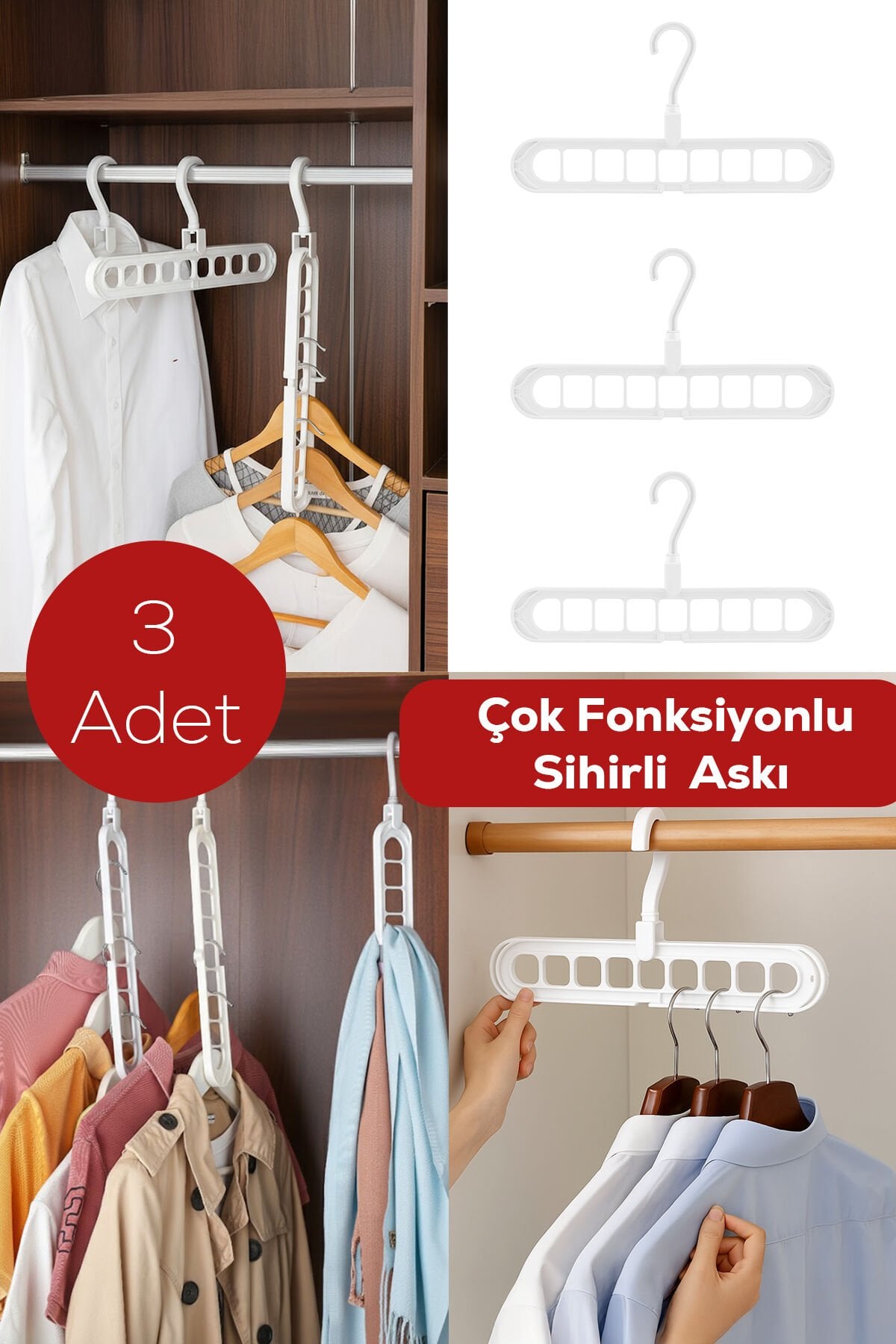 Porsima Org-250 3 Adet Çok Fonksiyonlu Dolap Içi Düzenleyici Organizer Sihirli Askı Tişört Gömlek Elbise Askısı Beyaz